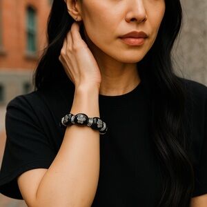 Hand Crafted Black and Sterling Silver Chunky Beaded Bracelet